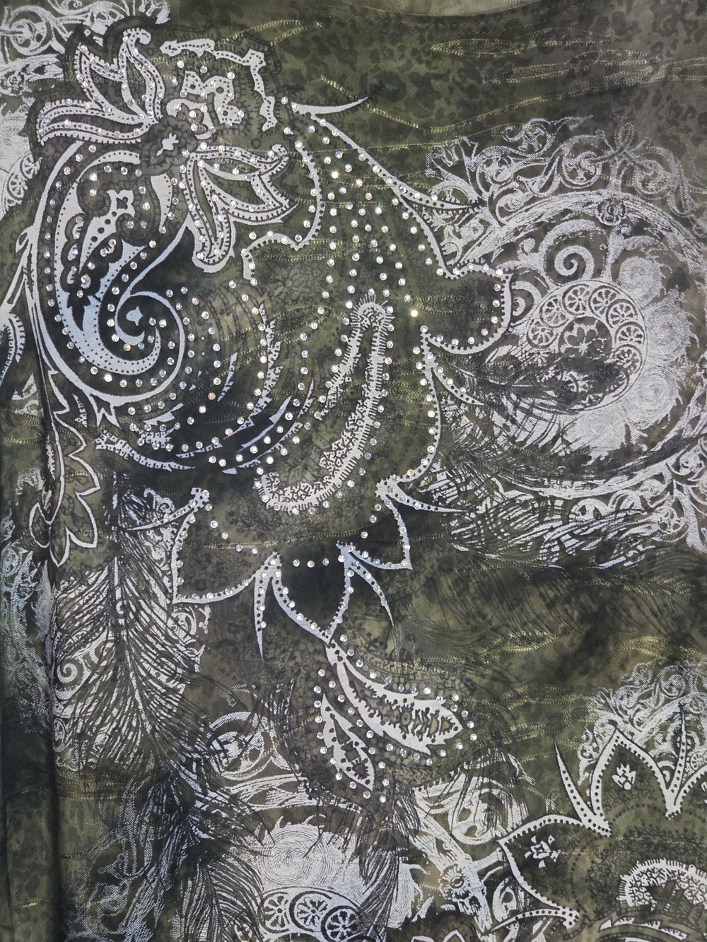 Dress Barn Olive Green/Coco Paisley Short Sleeve Tee with Rhinestones - Picture 5 of 9